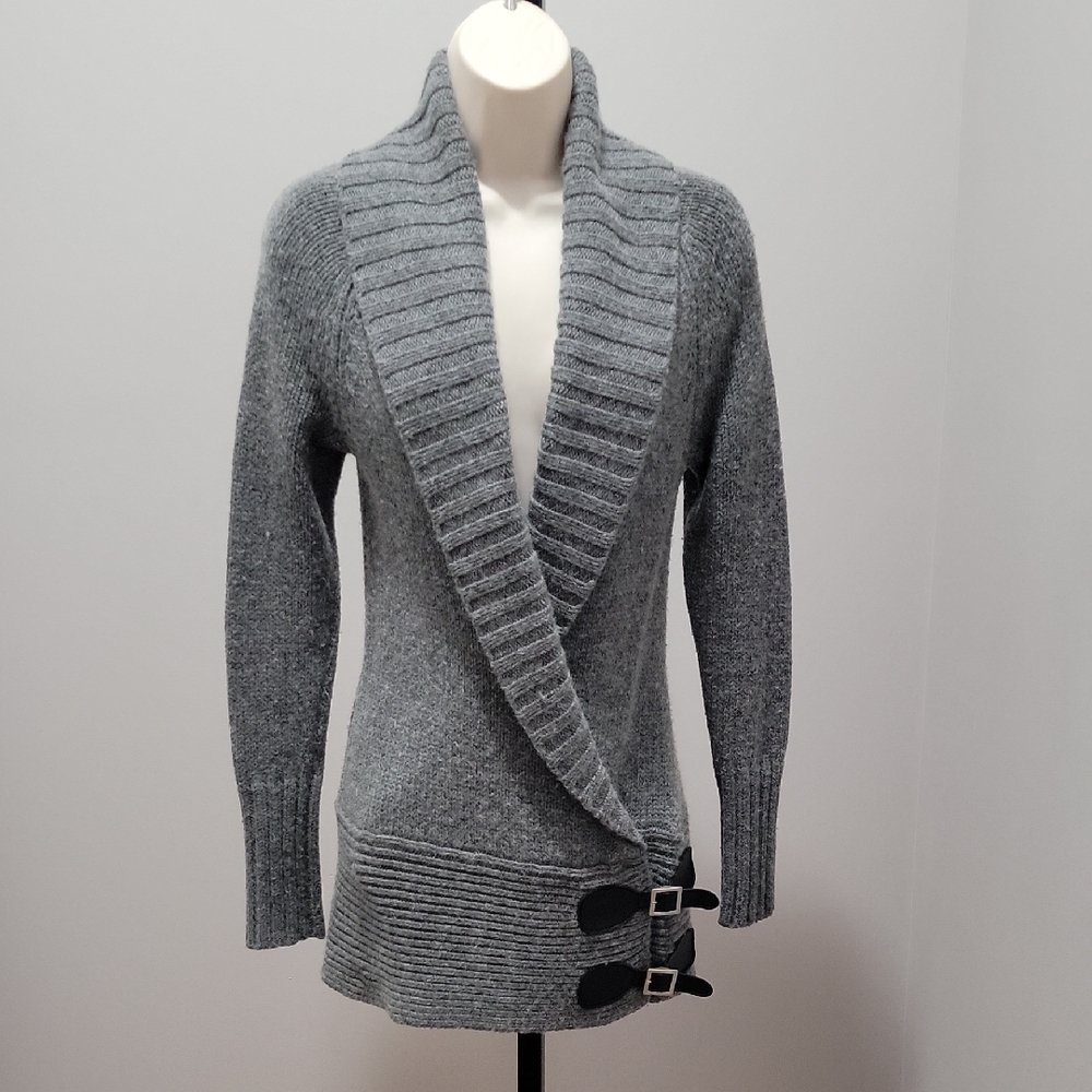 Moda International Shawl Collar Wrap Sweater With Leather Buckle Detail Sz. XS